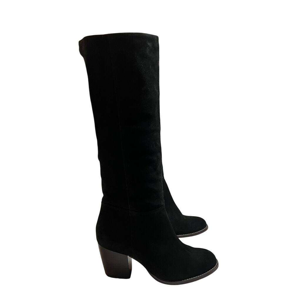 Crevo Atty Knee High Tall Boot Black Suede Stacked Heel Size 7.5 Minimalist Boho
